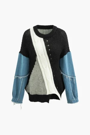 Contrast Denim Stitching Round Neck Sweater>MICAS Fashion