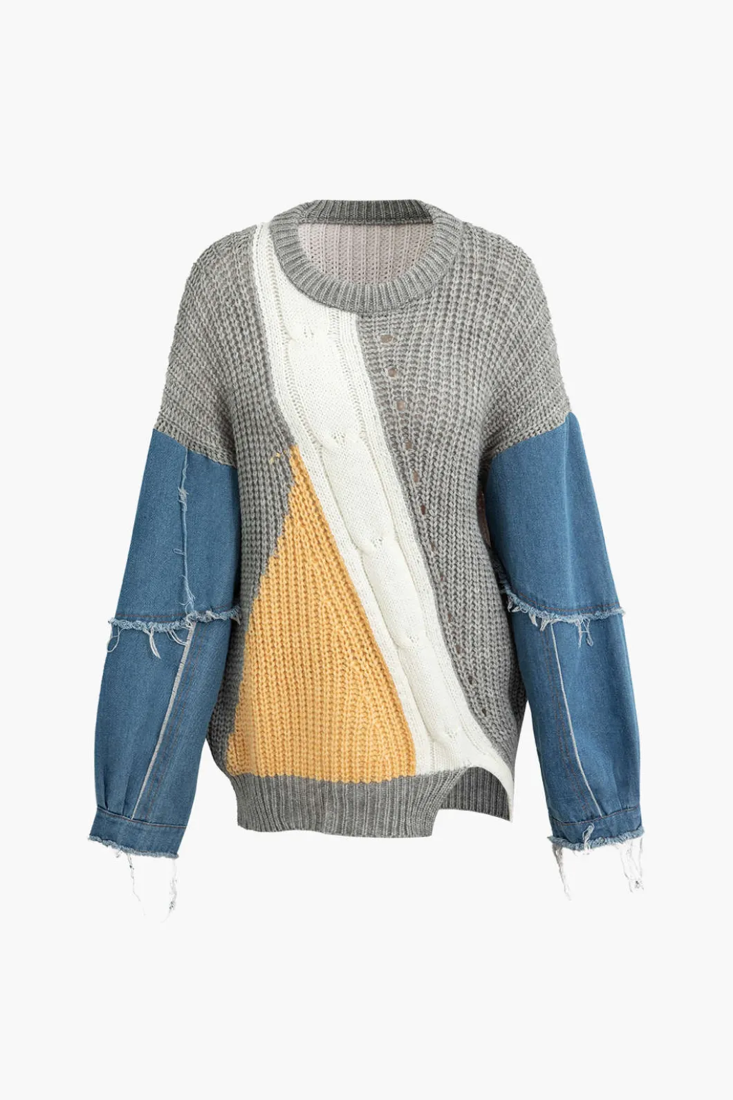 Contrast Denim Stitching Round Neck Sweater>MICAS Fashion