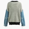 Contrast Denim Stitching Round Neck Sweater>MICAS Fashion