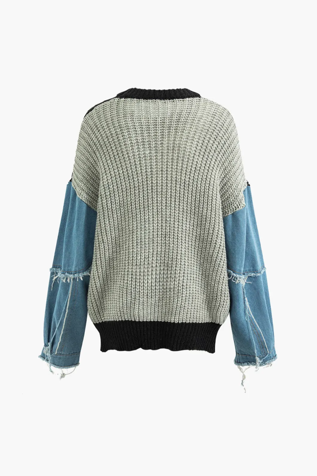 Contrast Denim Stitching Round Neck Sweater>MICAS Fashion