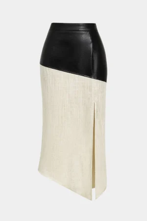 Contrast Faux Leather And Linen Slit Asymmetrical Skirt>MICAS Outlet