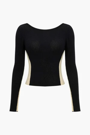 Contrast Knit Backless Patchwork Long-Sleeve Top>MICAS Clearance