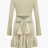 Contrast Knit Bowknot Back Pleated Mini Dress>MICAS Clearance