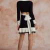 Contrast Knit Bowknot Back Pleated Mini Dress>MICAS Clearance