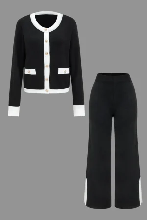 Contrast Knit Button Patchwork Top And Pants Set>MICAS Hot
