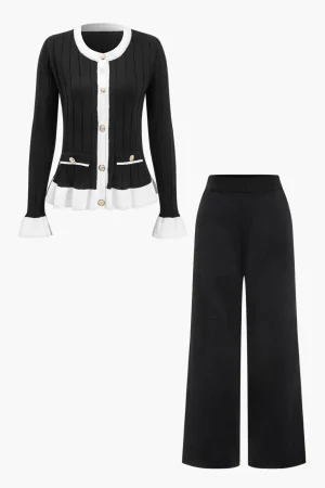 Contrast Knit Button Ruffle Top And Pants Set>MICAS Online