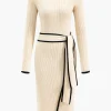 Contrast Knit Tie-Up Long Sleeve Dress>MICAS Best