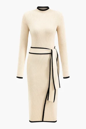 Contrast Knit Tie-Up Long Sleeve Dress>MICAS Best