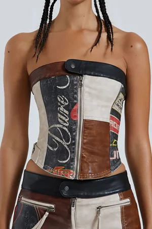 Contrast Letter Print Faux Leather Zipper Strapless Top>MICAS Sale