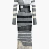 Contrast Long Sleeve Round Neck Open Knit Maxi Dress>MICAS New