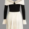 Contrast Off Shoulder Knot Bell Sleeve Pleated Mini Dress>MICAS Sale
