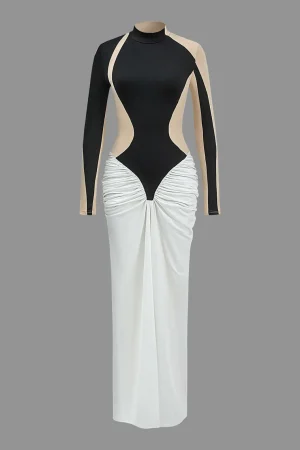 Contrast Patchwork Ruched Long Sleeve Maxi Dress>MICAS Best