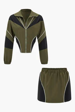 Contrast Patchwork Zipper Long-Sleeve Top And Skirt Set>MICAS Fashion