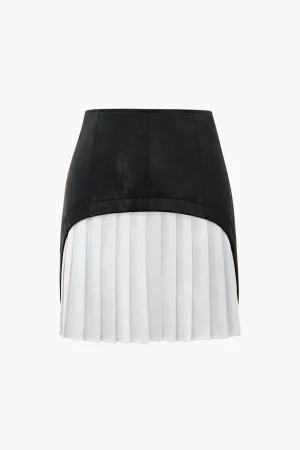 Contrast Pleated Faux Leather Mini Skirt>MICAS Fashion