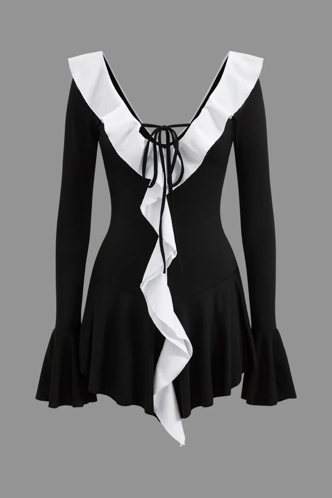 Contrast Ruffle Neck Tie Front Bell Sleeve Mini Dress>MICAS Outlet