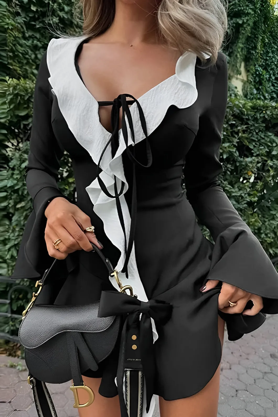 Contrast Ruffle Neck Tie Front Bell Sleeve Mini Dress>MICAS Outlet