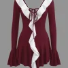 Contrast Ruffle Neck Tie Front Bell Sleeve Mini Dress>MICAS Outlet