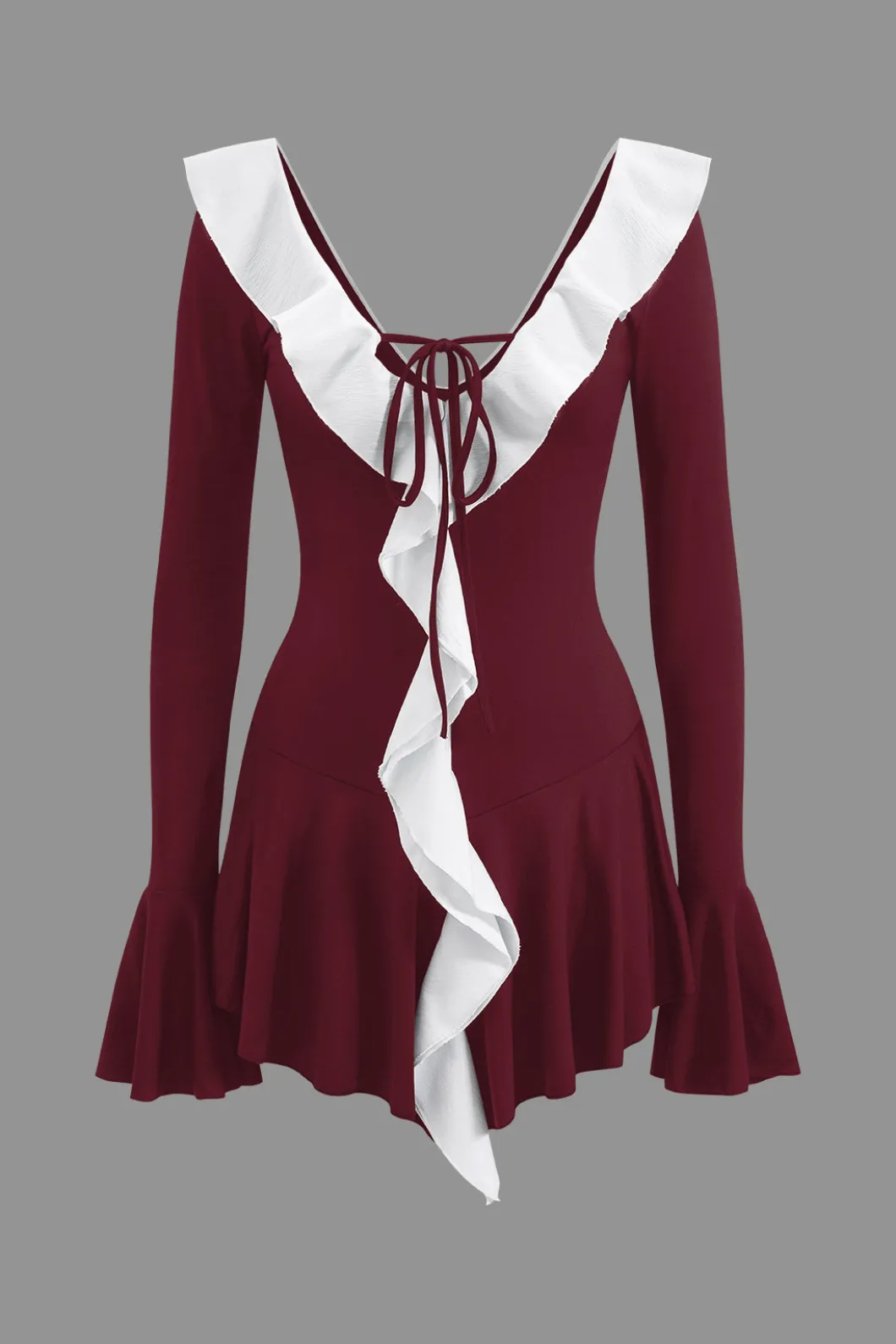 Contrast Ruffle Neck Tie Front Bell Sleeve Mini Dress>MICAS Outlet