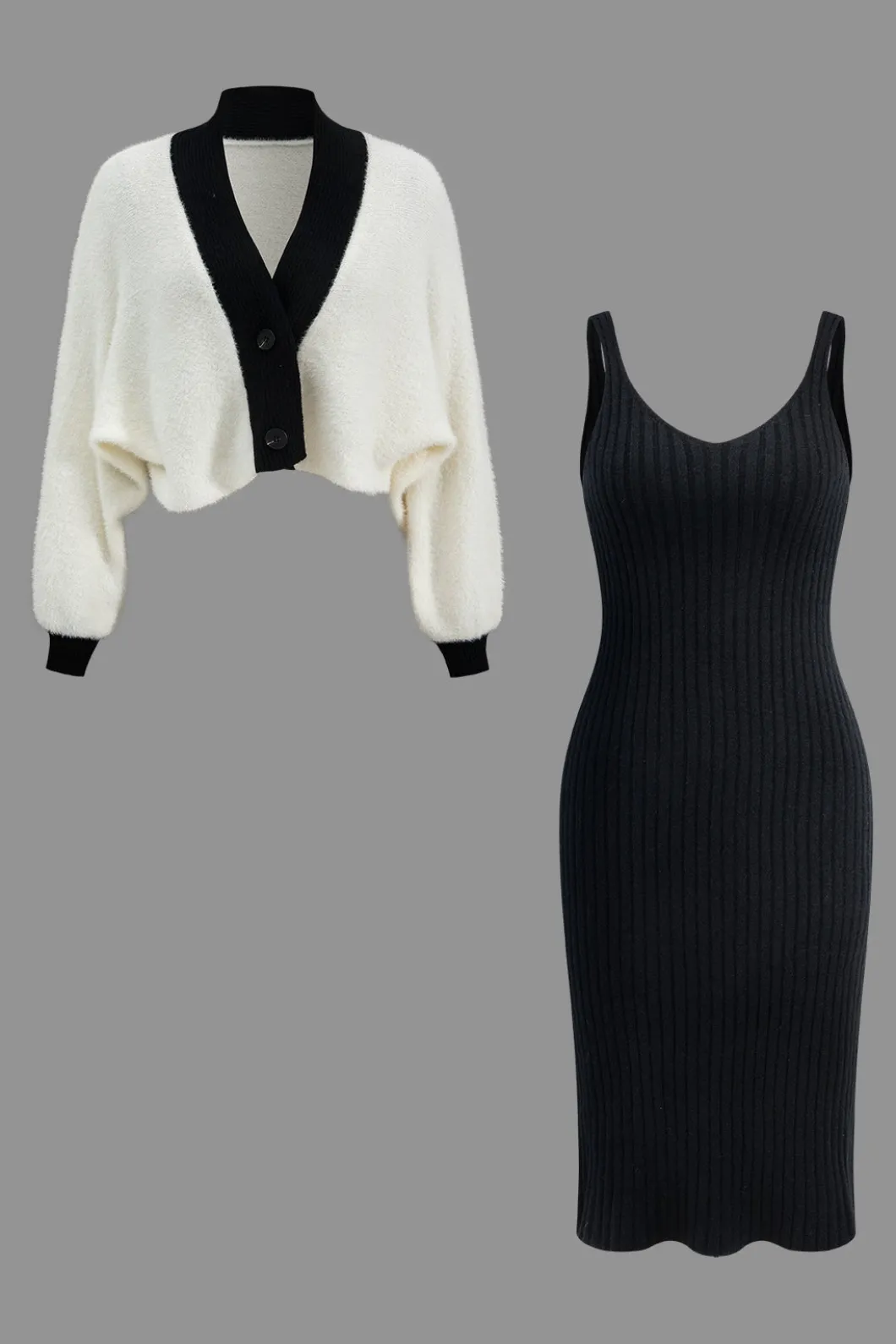 Contrast Sweater Button Cropped Cardigan And Slip Dress Set>MICAS Hot