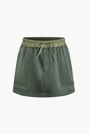 Contrast Tie-Up Elastic Waistband Skirt>MICAS Outlet