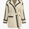 Contrast Trim Belted Wrap Coat>MICAS Online