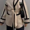 Contrast Trim Belted Wrap Coat>MICAS Online