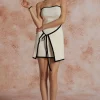 Contrast Trim Knit Tie Front Strapless Mini Dress>MICAS New
