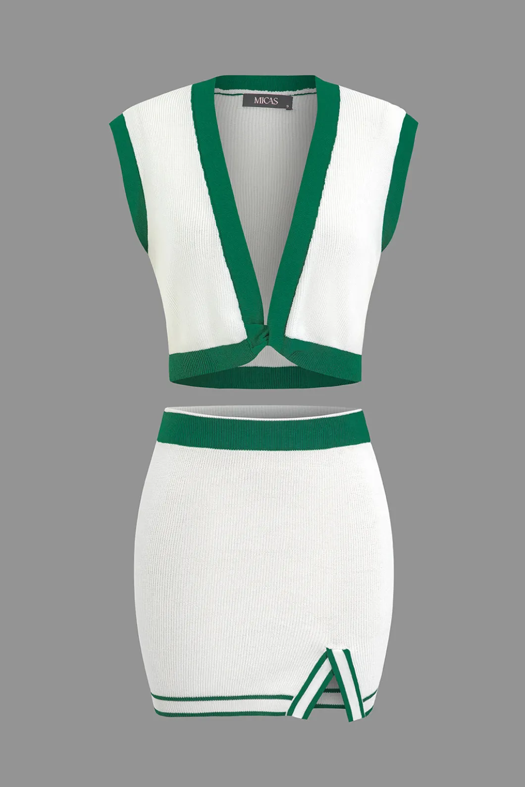 Contrast V-neck Knit Top And Mini Skirt Set>MICAS Sale