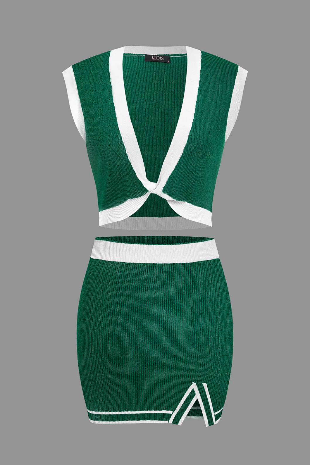 Contrast V-neck Knit Top And Mini Skirt Set>MICAS Sale