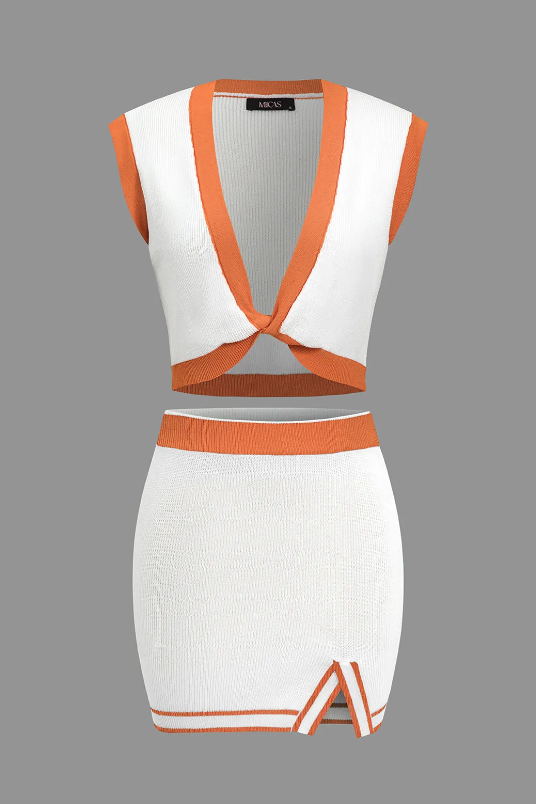 Contrast V-neck Knit Top And Mini Skirt Set>MICAS Sale