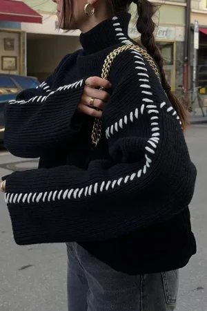 Contrast Whipstitching Turtleneck Long Sleeve Sweater>MICAS Online