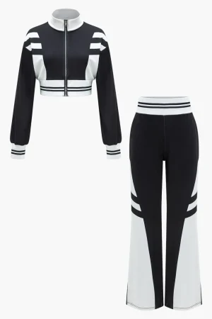 Contrast Zipper Collar Cropped Jacket And Trousers Set>MICAS Fashion
