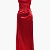 Corset Cowl Neck High Slit Maxi Dress>MICAS Clearance