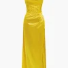 Corset Cowl Neck High Slit Maxi Dress>MICAS Clearance