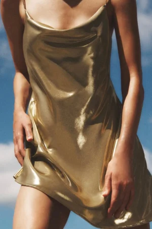 Cowl Neck Metallic Slip Mini Dress>MICAS Hot