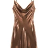Cowl Neck Metallic Slip Mini Dress>MICAS Hot