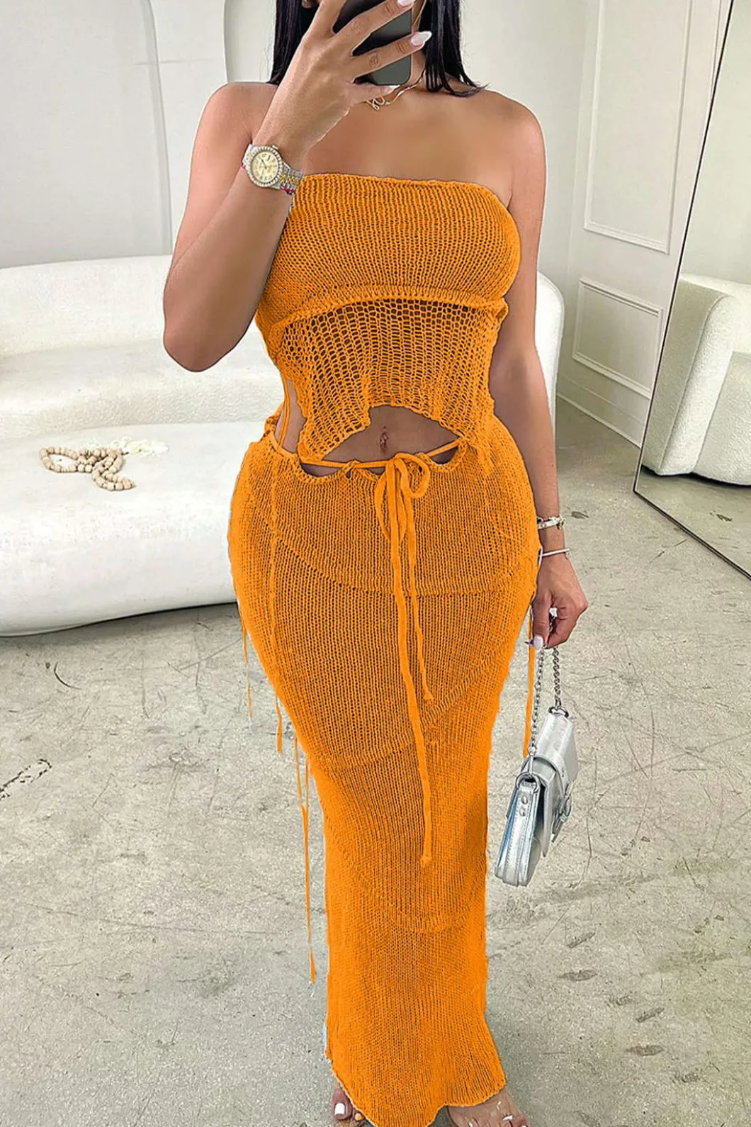 Crochet Backless Tube Top And Split Skirt Set>MICAS Clearance