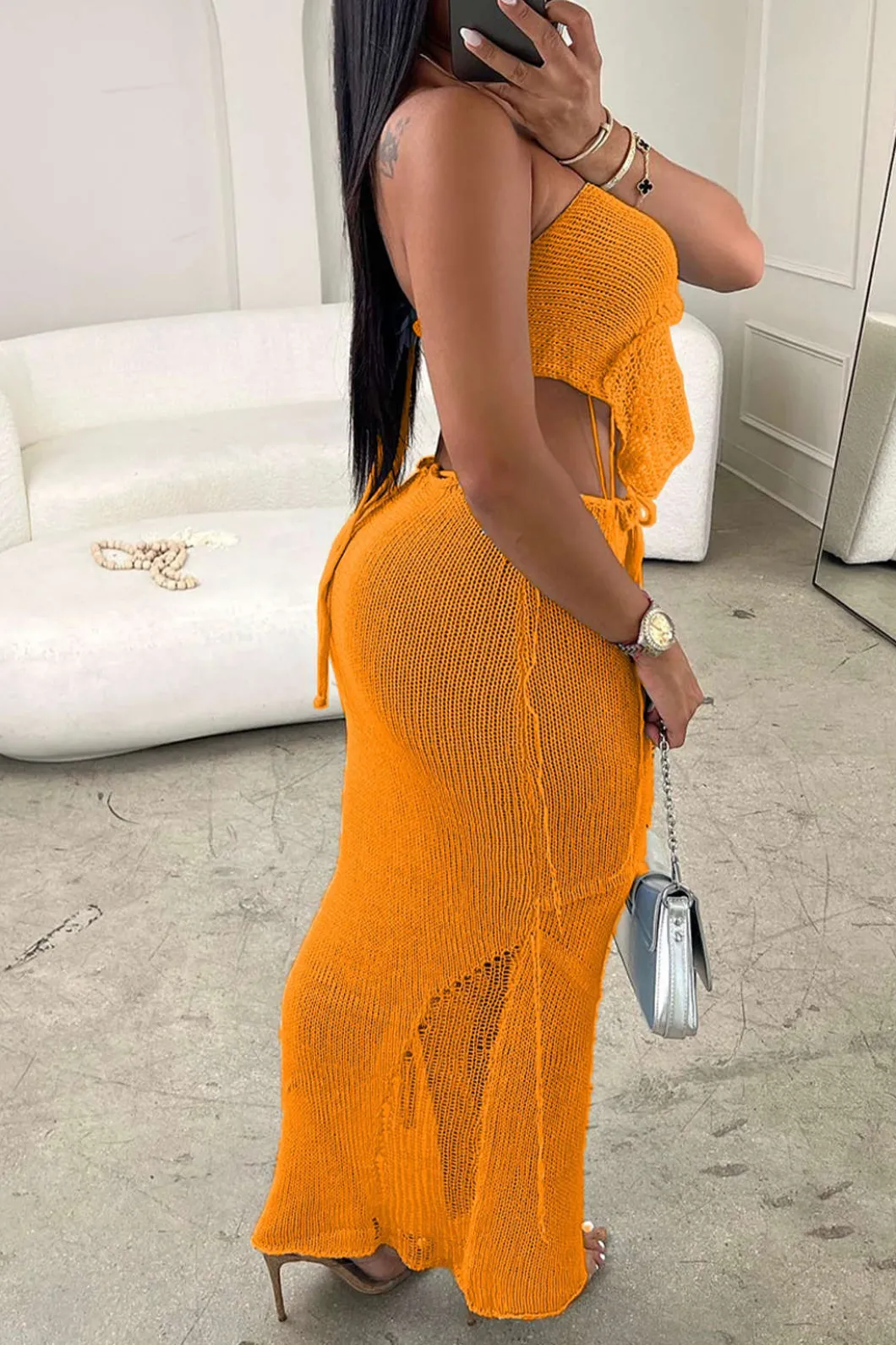 Crochet Backless Tube Top And Split Skirt Set>MICAS Clearance