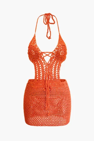 Crochet Halter Backless Mini Dress>MICAS Online