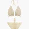 Crochet Halter Neck Bikini Set And Asymmetric Tassel Cover Up Set>MICAS New