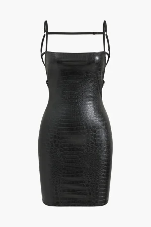 Crocodile Faux Leather Backless Sleeveless Slip Mini Dress>MICAS Outlet