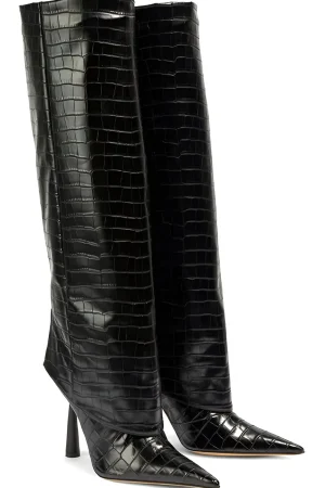 Crocodile Faux Leather Stiletto Pointed Toe Knee High Boots>MICAS Hot