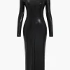 Crocodile Faux Leather Zipper V-Neck Maxi Dress>MICAS New