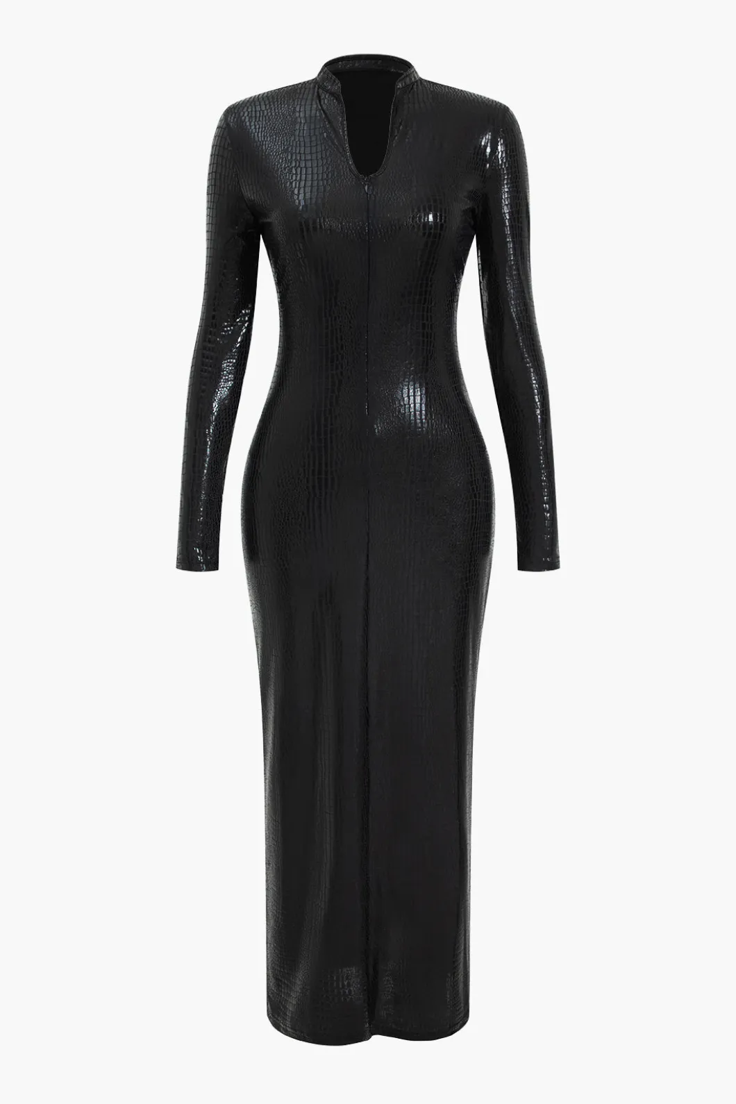 Crocodile Faux Leather Zipper V-Neck Maxi Dress>MICAS New