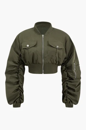 Cropped Ruched Stand Collar Jacket>MICAS Online