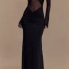 Crossed Mesh Sheer V-Neck Long Sleeve Maxi Dress>MICAS Sale
