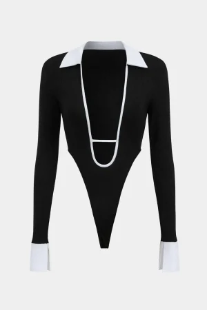 Cut Out Patchwork Contrast Binding Long Sleeve Bodysuit>MICAS Discount