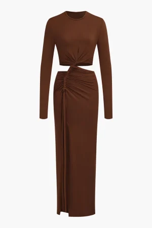 Cut Out Ruched Long Sleeve Maxi Dress>MICAS Fashion