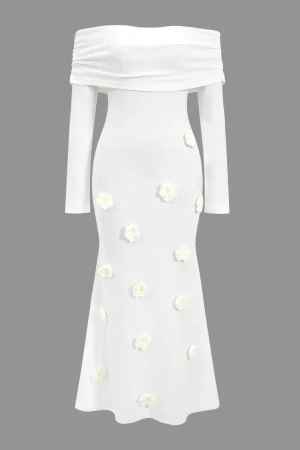 3D Floral Knit Off Shoulder Long Sleeve Dress>MICAS Hot