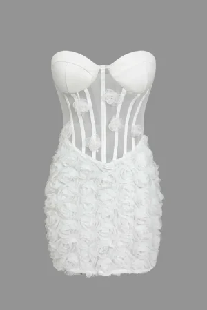 3D Floral Mesh Sheer Strapless Sleeveless Mini Dress>MICAS New